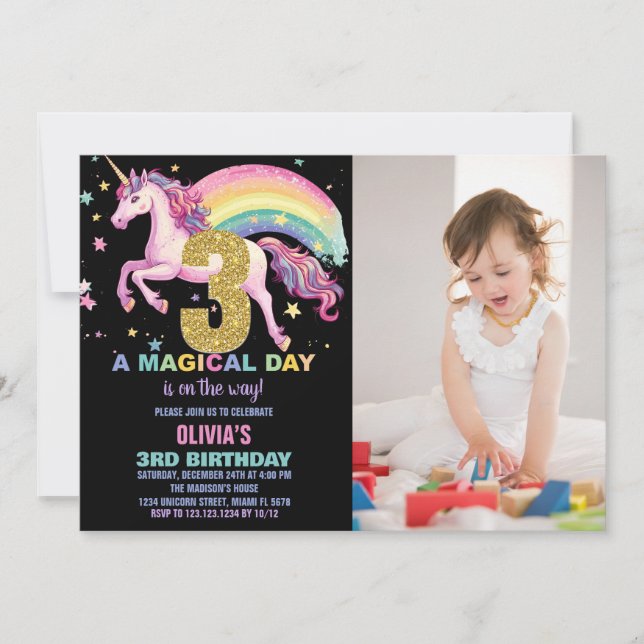 3rd Unicorn Birthday Invitations Black w photo (Front)