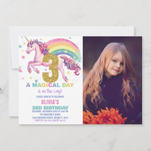 3rd Unicorn Birthday Invitations with picture