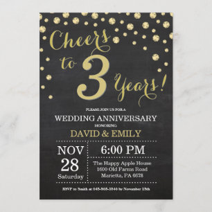 3rd Wedding Anniversary Chalkboard Black and Gold Invitation