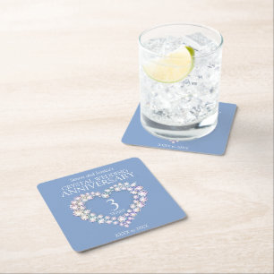 3rd wedding anniversary heart custom light blue square paper coaster