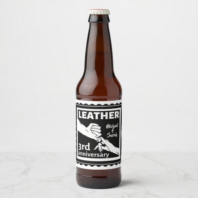 3RD Wedding anniversary holding hands traditional Beer Bottle Label (Front)