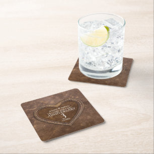 3rd Wedding Anniversary Leather heart brown Square Paper Coaster