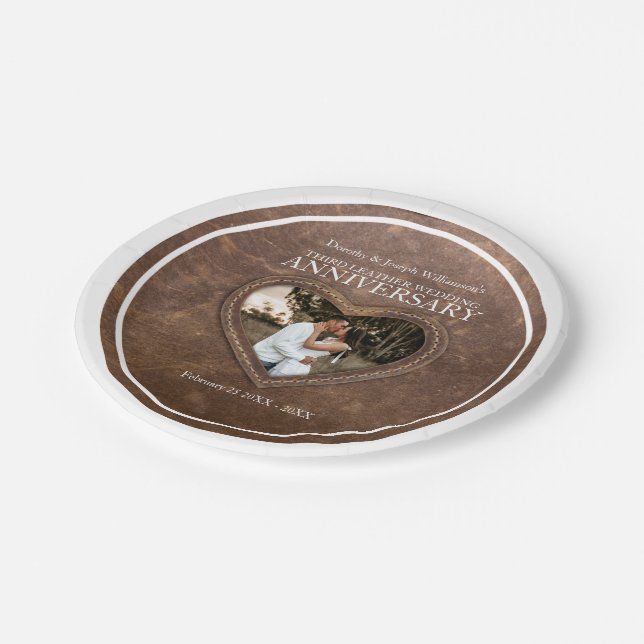 3rd Wedding Anniversary Leather heart  Paper Plate (Angled)