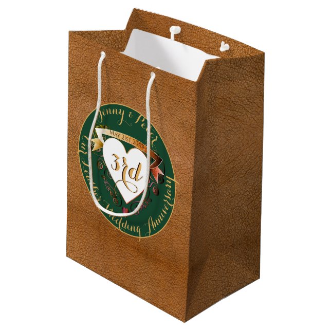 3rd Wedding Anniversary Leather Image Green Medium Gift Bag (Back Angled)