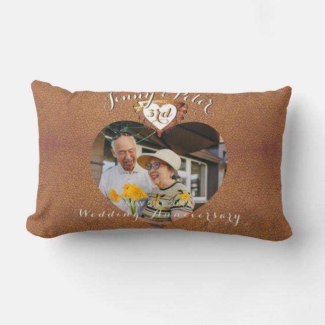 3rd Wedding Anniversary Photo Leather Image Lumbar Pillow (Front)