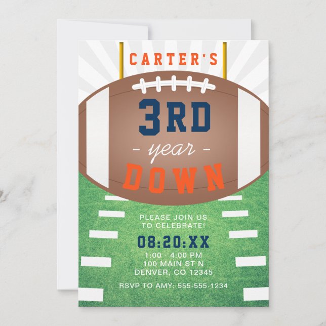3rd Year Down Football Theme 3rd Birthday Invitation (Front)