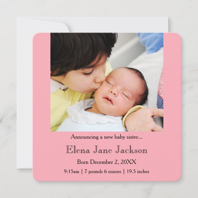3x5 Brother Announcing Sister's Birth Pink Announcement (Front)