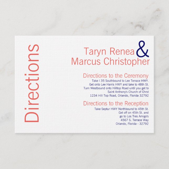 3x5 Directions Card Coral Navy Blue Name Chevron (Front)