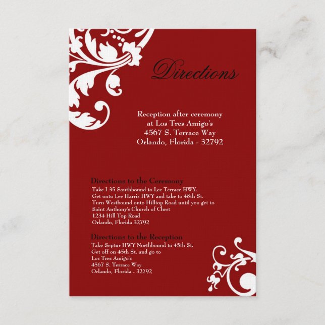 3x5 Directions Card Crimson Red Floral Filigree (Front)