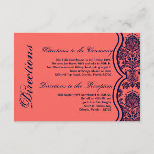3x5 Directions Card Navy Blue Coral Damask Lace