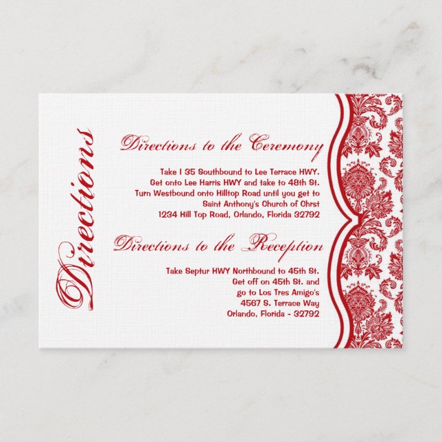 3x5 Directions Card Red White Damask Lace Print (Front)