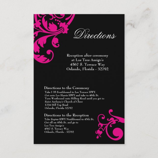 3x5 Directions Card White Hot Pink Floral Filigree (Front)