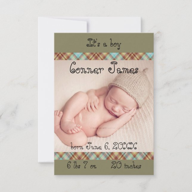 3x5 Newborn Baby Boy Plaid Announcement Simple (Front)