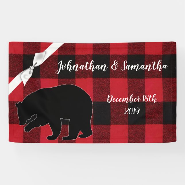 3'x5' Personalized Banner Red Buffalo Plaid Bear (Horizontal)