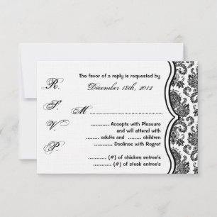 3x5 R.S.V.P. Reply Card Black White Damask Lace