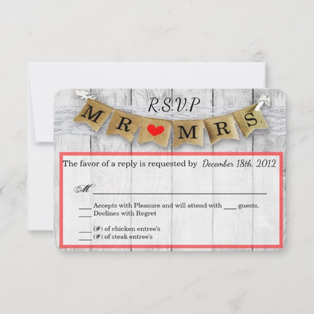 3x5 R.S.V.P. Reply Card Burlap Mr. and Mrs. Banner (Front)