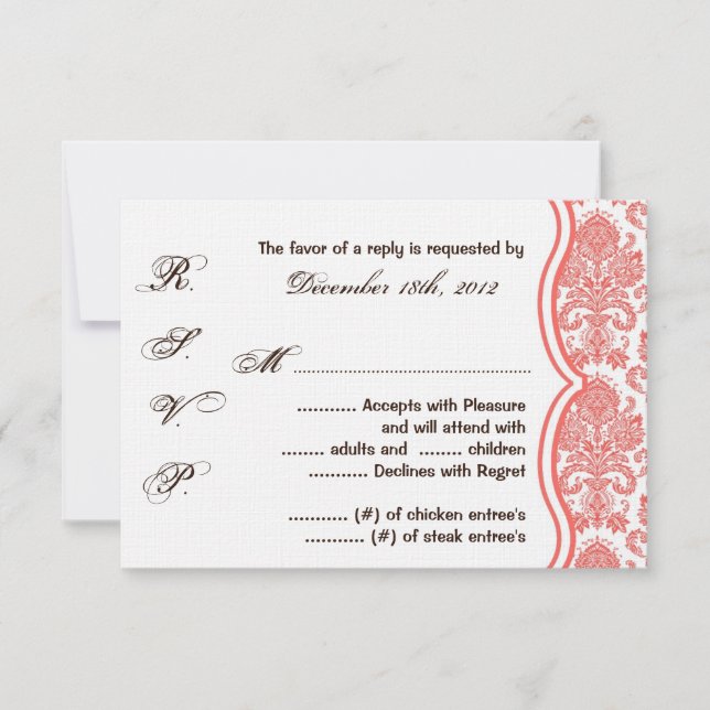 3x5 R.S.V.P. Reply Card Coral White Damask Lace (Front)