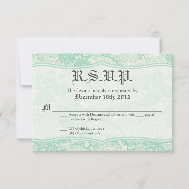 3x5 R.S.V.P. Reply Card Country Mint Lace Print (Front)