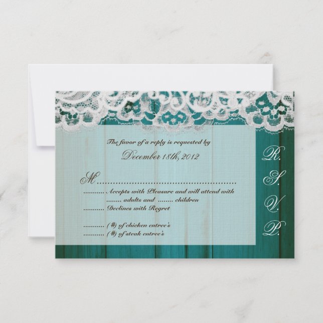 3x5 R.S.V.P. Reply Card Distrissed Teal Wood Lace (Front)