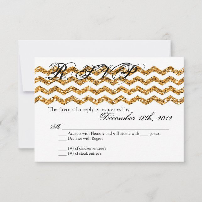 3x5 R.S.V.P. Reply Card Gold Glitter Chevron Strip (Front)