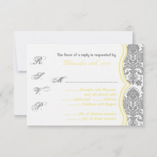 3x5 R.S.V.P. Reply Card Grey Yellow Damask Lace