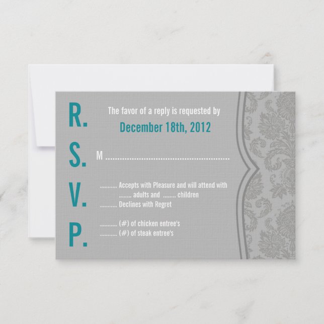 3x5 R.S.V.P. Reply Card Modern Grey Damask Lace (Front)