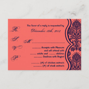 3x5 R.S.V.P. Reply Card Navy Blue Cora Damask Lace