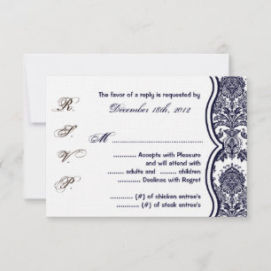 3x5 R.S.V.P. Reply Card Navy Blue Damask Lace