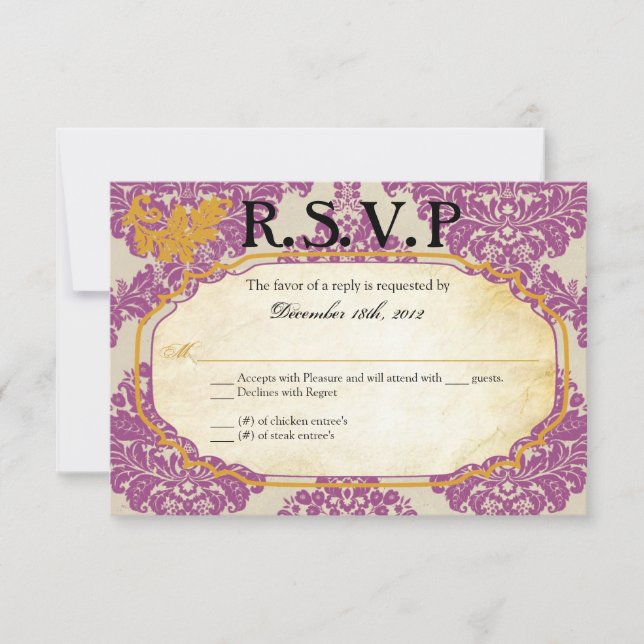 3x5 R.S.V.P. Reply Card Purple Gold Damask Lace (Front)