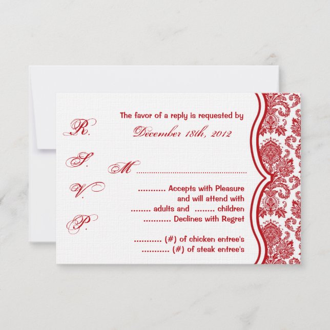 3x5 R.S.V.P. Reply Card Red Crim White Damask Lace (Front)
