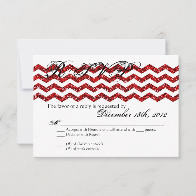 3x5 R.S.V.P. Reply Card Red Glitter Chevron Strip (Front)