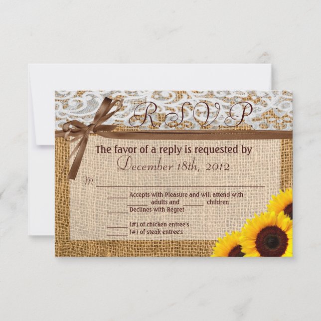 3x5 R.S.V.P. Reply Card Sunflower Lace Burlap Coun (Front)