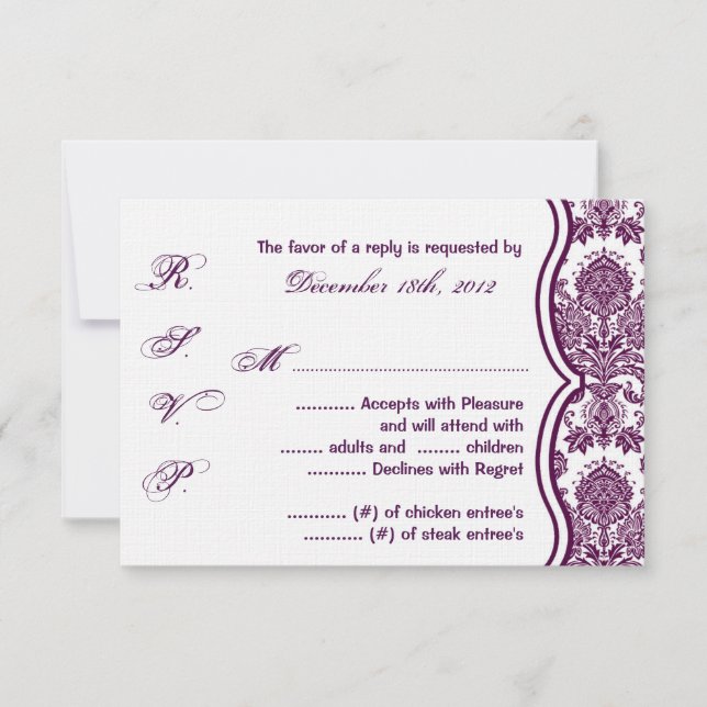 3x5 R.S.V.P. Réponse Carte Plum Purple Damask Lace (Devant)