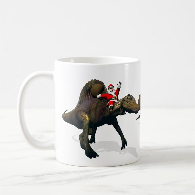 3x Santa Claus Riding On Dinosaurs Coffee Mug (Left)