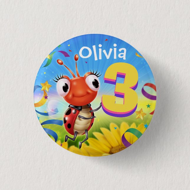 3yrs Custom birthday badge Little Ladybug range 1 Inch Round Button (Front)
