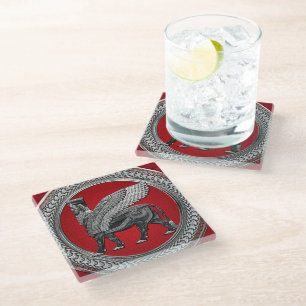 [400] Assyrian Winged Bull: Silver & Black Lamassu Glass Coaster