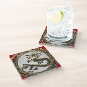 [400] Black and Gold Sacred Eastern Dragon Glass Coaster
