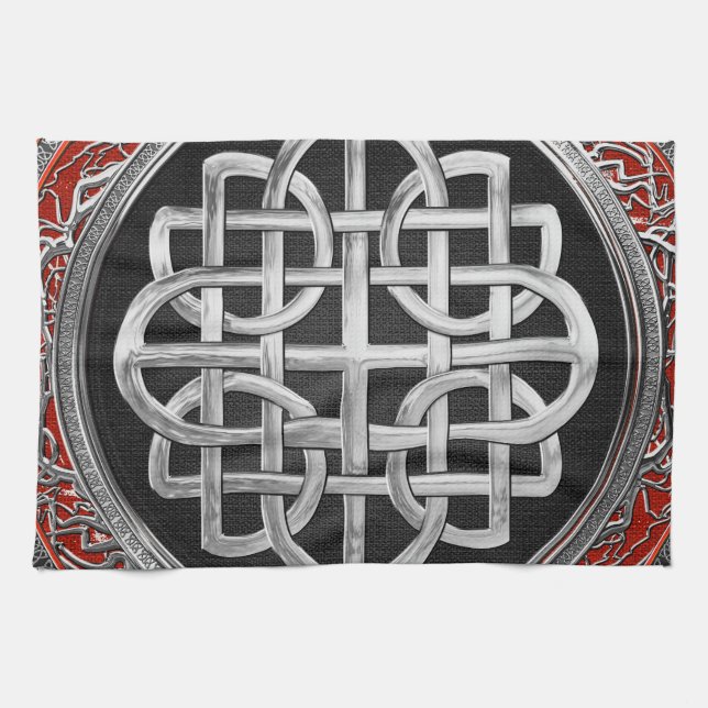 [400] Sacred Celtic Silver Knot Cross Kitchen Towel (Horizontal)