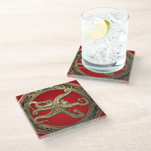 [400] Sacred Gold Octopus in Defensive Posture Glass Coaster