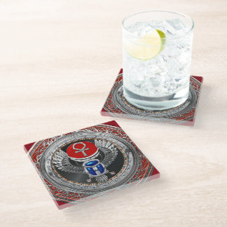 [400] Sacred Silver Egyptian Winged Scarab & Ankh Glass Coaster