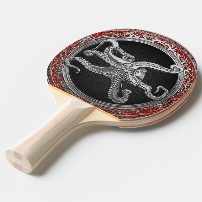 [400] Sacred Silver Octopus in Defensive Posture Ping Pong Paddle (Back Angle)
