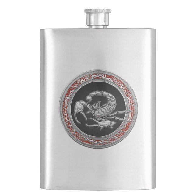 [400] Sacred Silver Scorpion on Black Hip Flask (Front)