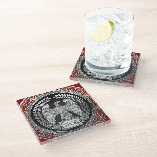 [400] Silver Roman Imperial Eagle Glass Coaster (Angled)