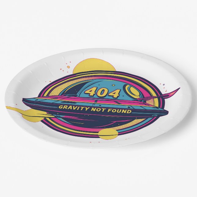 404 Gravity Not Found – Retro Space Pop Art Paper Plate (Angled)