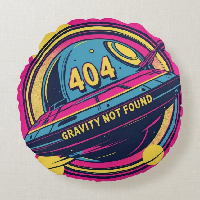 404 Gravity Not Found – Retro Space Pop Art Round Pillow (Front)