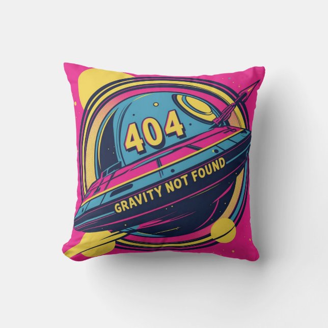 404 Gravity Not Found – Retro Space Pop Art Throw Pillow (Front)