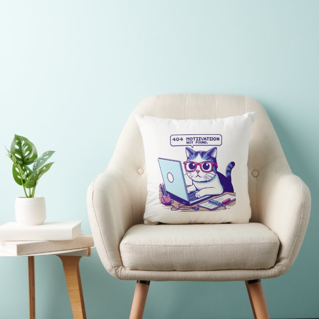 404 Motivation Not Found Funny Pixel Cat Home Throw Pillow (Chair)