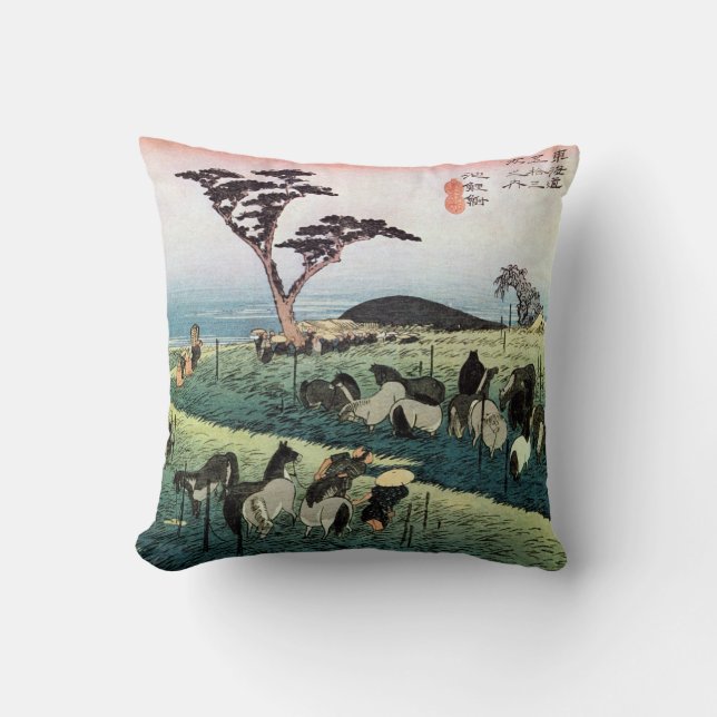 40. 池鯉鮒宿, 広重 Chiryū-juku, Hiroshige, Ukiyo-e Throw Pillow (Front)