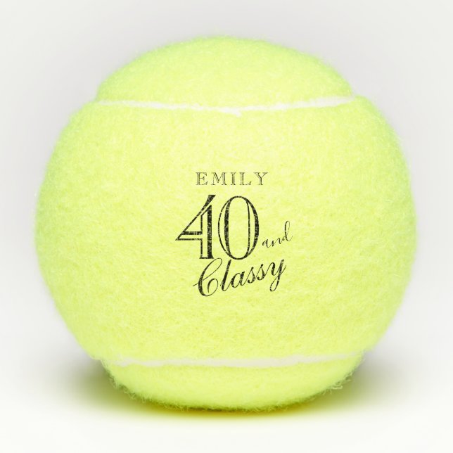 40 and Classy Elegant Script Name 40th Birthday Tennis Balls (Front)