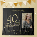 40 and Fabulous 40th Birthday Photo Backdrop Tapestry<br><div class="desc">Elegant Black and Golden 40 and Fabulous 40th Birthday Photo Backdrop Tapestry. 40 and fabulous text in trendy golden script on black background. Personalize it with your photo,  your name and the age,  and make your own elegant birthday party backdrop for woman`s birthday party.</div>